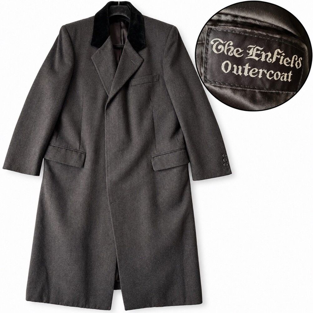 Vintage The Enfields Mens 44 100% Pure Wool Gray Overcoat Black Velvet Collar